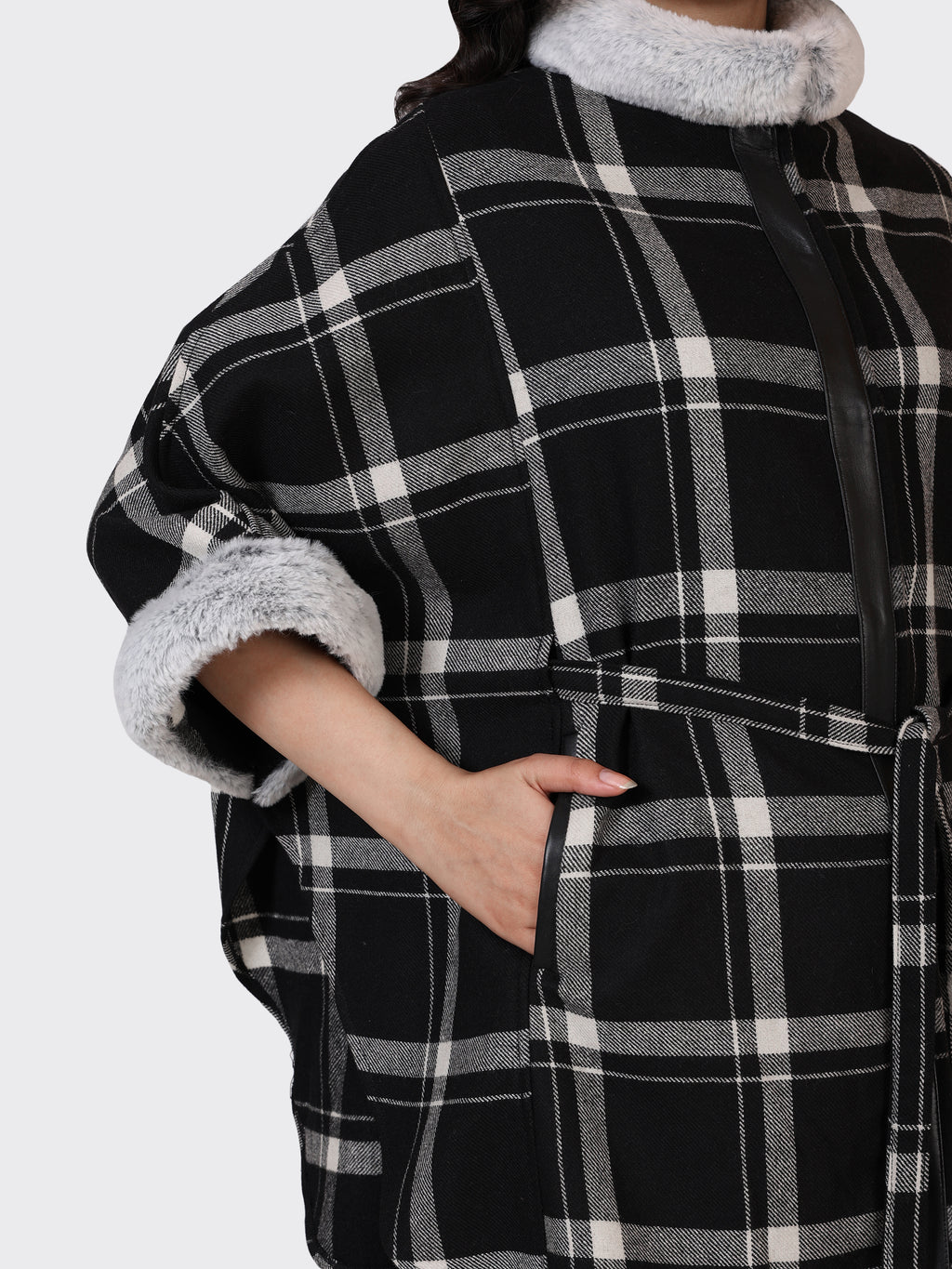 LADIES CAPE WOOLLEN JACKET-CHECK