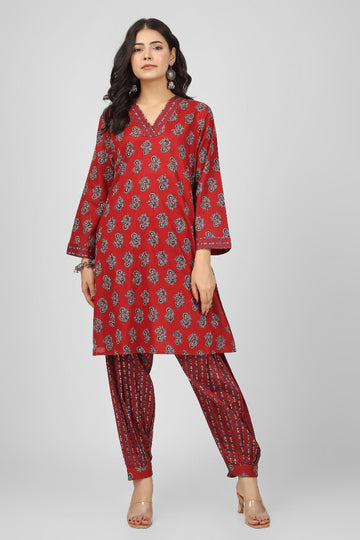 Floral Wine Kurta Pyjama Set