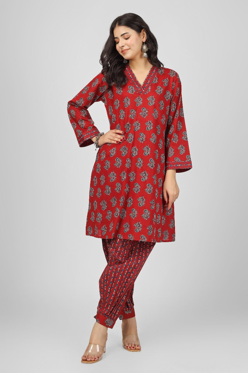 Floral Wine Kurta Pyjama Set