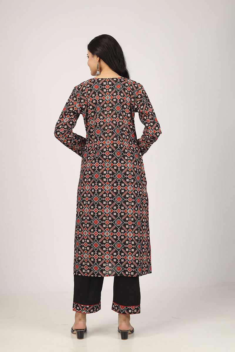 100% Cotton Floral Black and Red Long Kurta Set