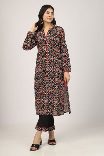 100% Cotton Floral Black and Red Long Kurta Set