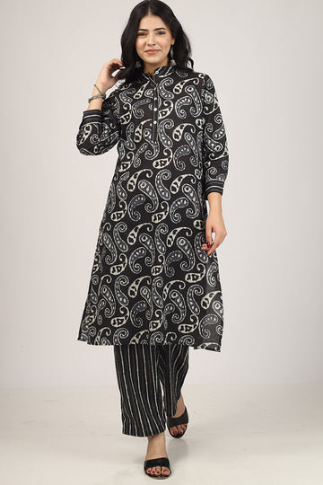 Floral Pattern Kurta Pyjama Set BLACK