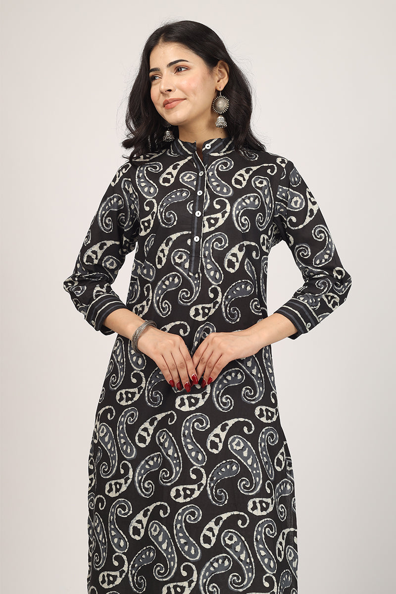 Floral Pattern Kurta Pyjama Set BLACK