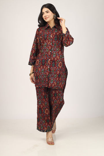 COTTON SELF WOVEN SET | IKAT Red Pyjama Set