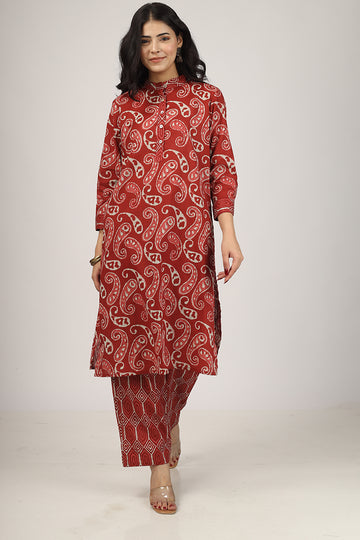 100% Cotton Floral Pattern Kurta Pyjama Set Red