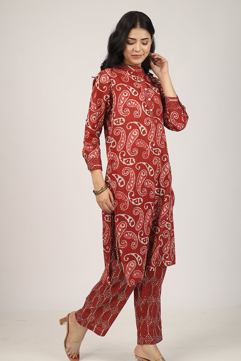 100% Cotton Floral Pattern Kurta Pyjama Set Red