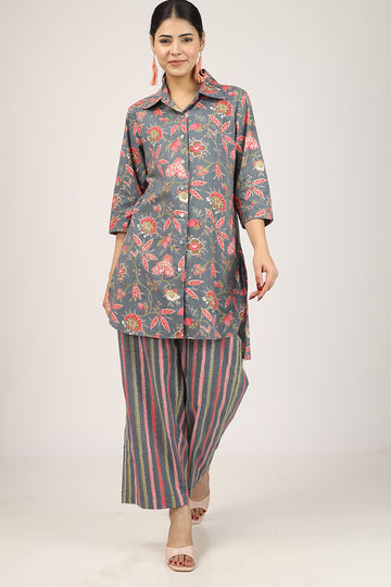 LONG SHIRT Floral Print Pyjama Set Multi-Color