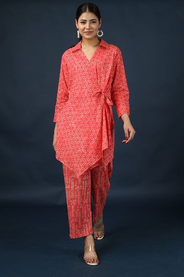 100% Cotton Muslin Floral Red Kurta Pyjama Set