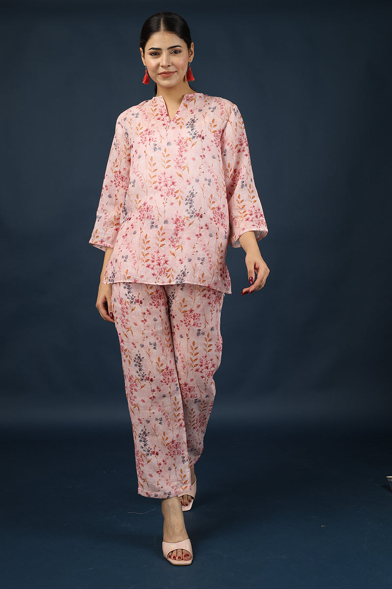 Pink Floral Top Pant 100% Linen