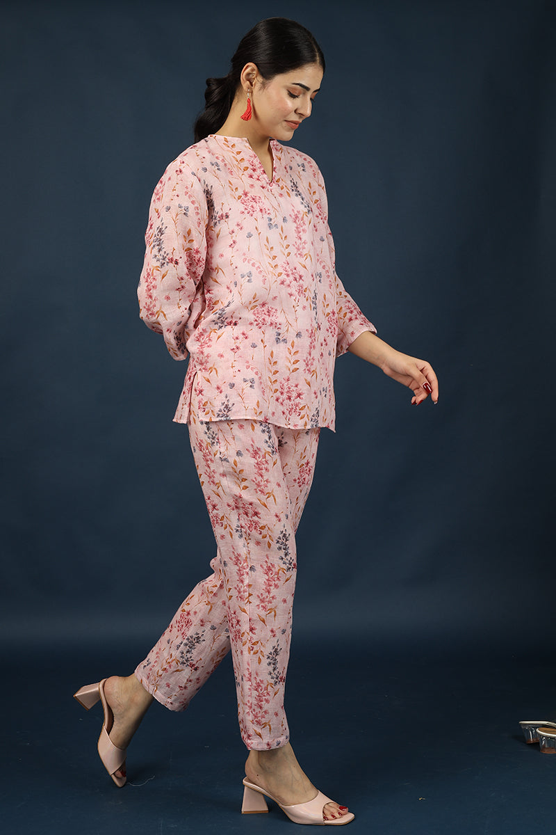 Pink Floral Top Pant 100% Linen