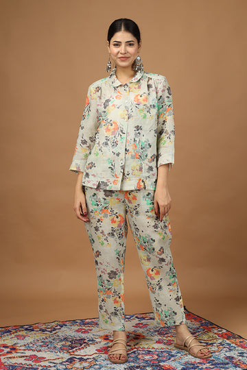 Floral Multi-Color Top and Pant Set 100% Linen