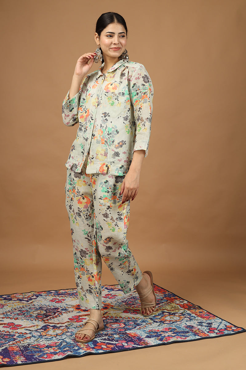 Floral Multi-Color Top and Pant Set 100% Linen