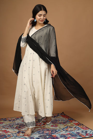 OSE23 HL Beige and Black Long Kurta Set with Dupatta & Slip