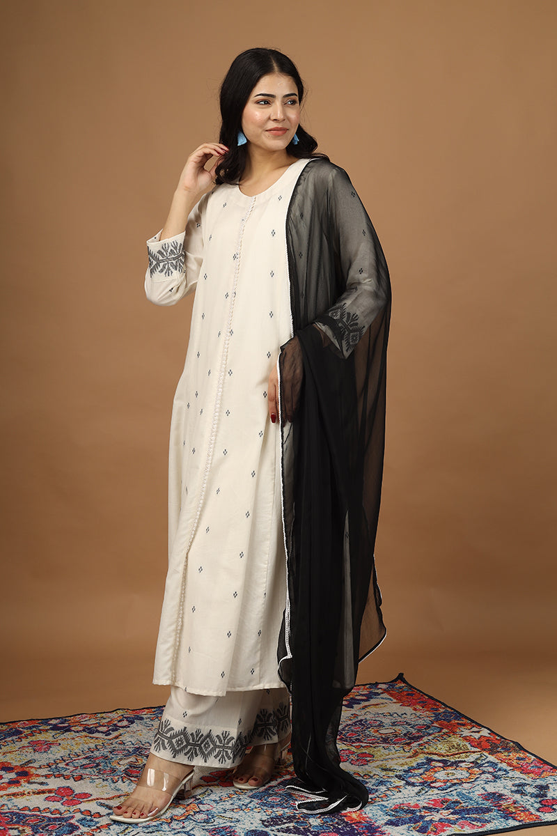 OSE23 HL Beige and Black Long Kurta Set with Dupatta & Slip