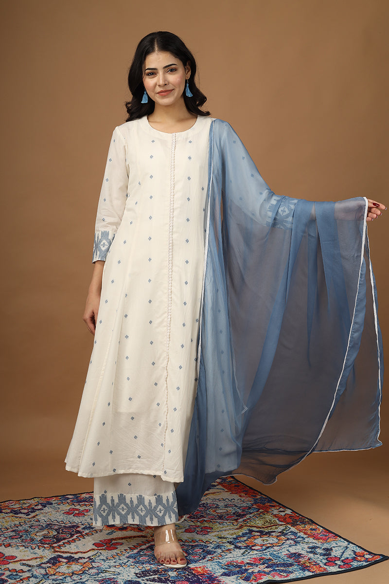 OSE23 HL Beige and Sky Blue Blue Long Kurta Set with Dupatta & Slip