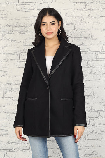 Women's Long Blazer Black with Genuine Lamb Leather Embellishments