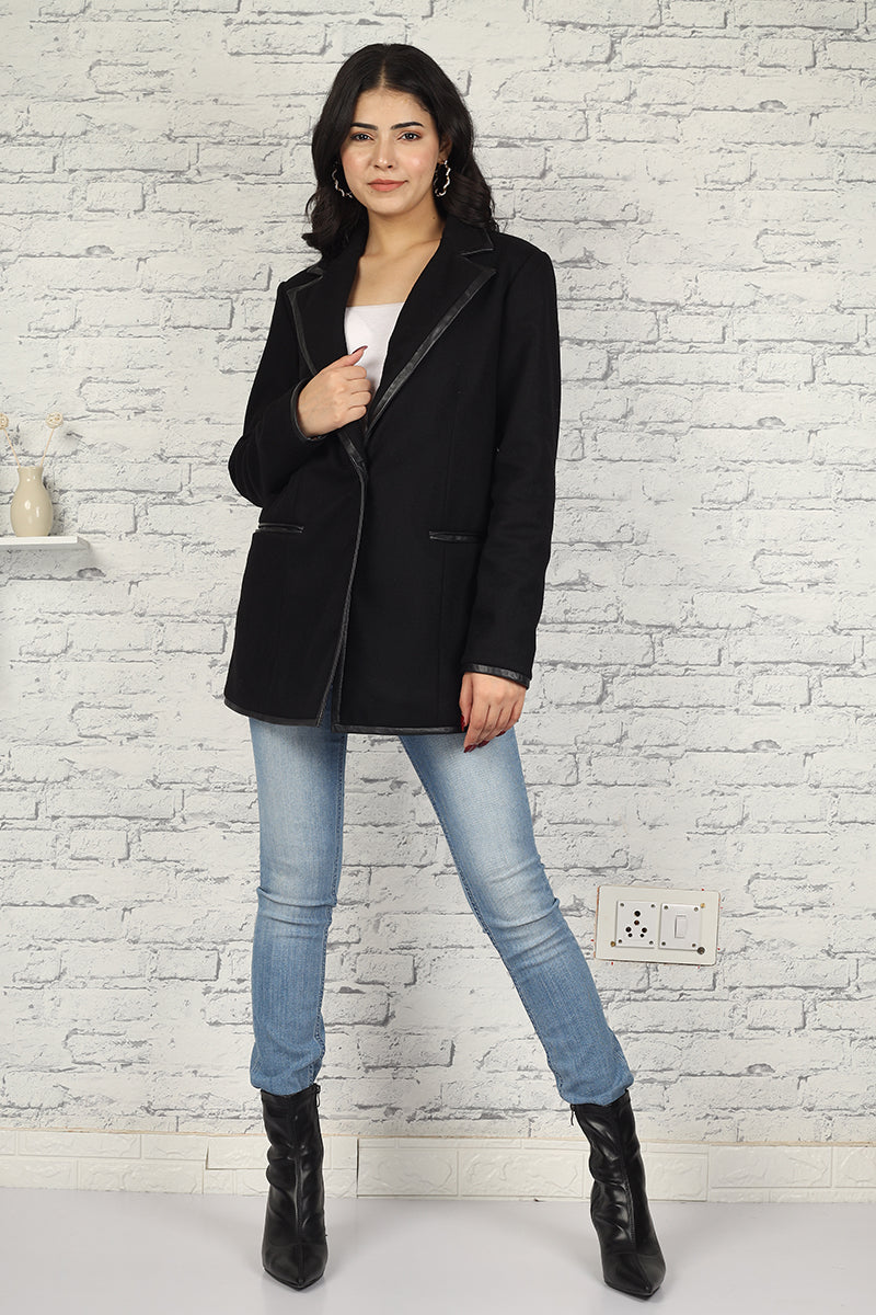 Women's Long Blazer Black with Genuine Lamb Leather Embellishments