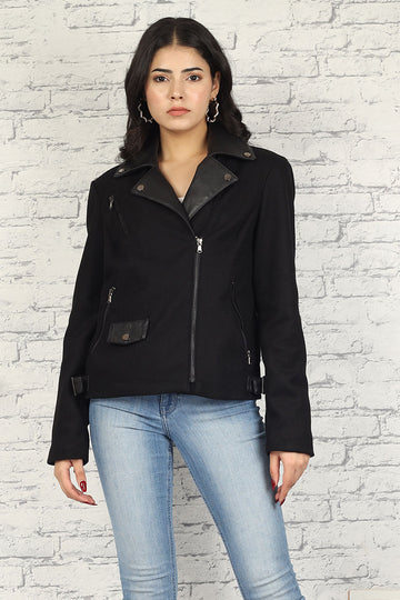 3315-W Women's Woolen Cashmere Black Biker Style Jacket with Genuine Lamb Leather Embellishments