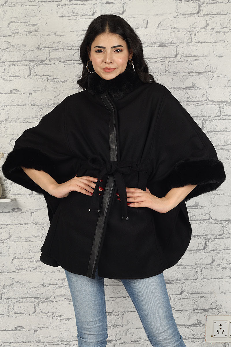 OSE-18 Women's Cape Poncho Black with Genuine Lamb Leather Embellishments