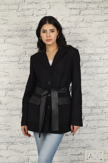 3310-W Women's Woolen Cashmere Black Belted Blazer with Genuine Lamb Leather Embellishments