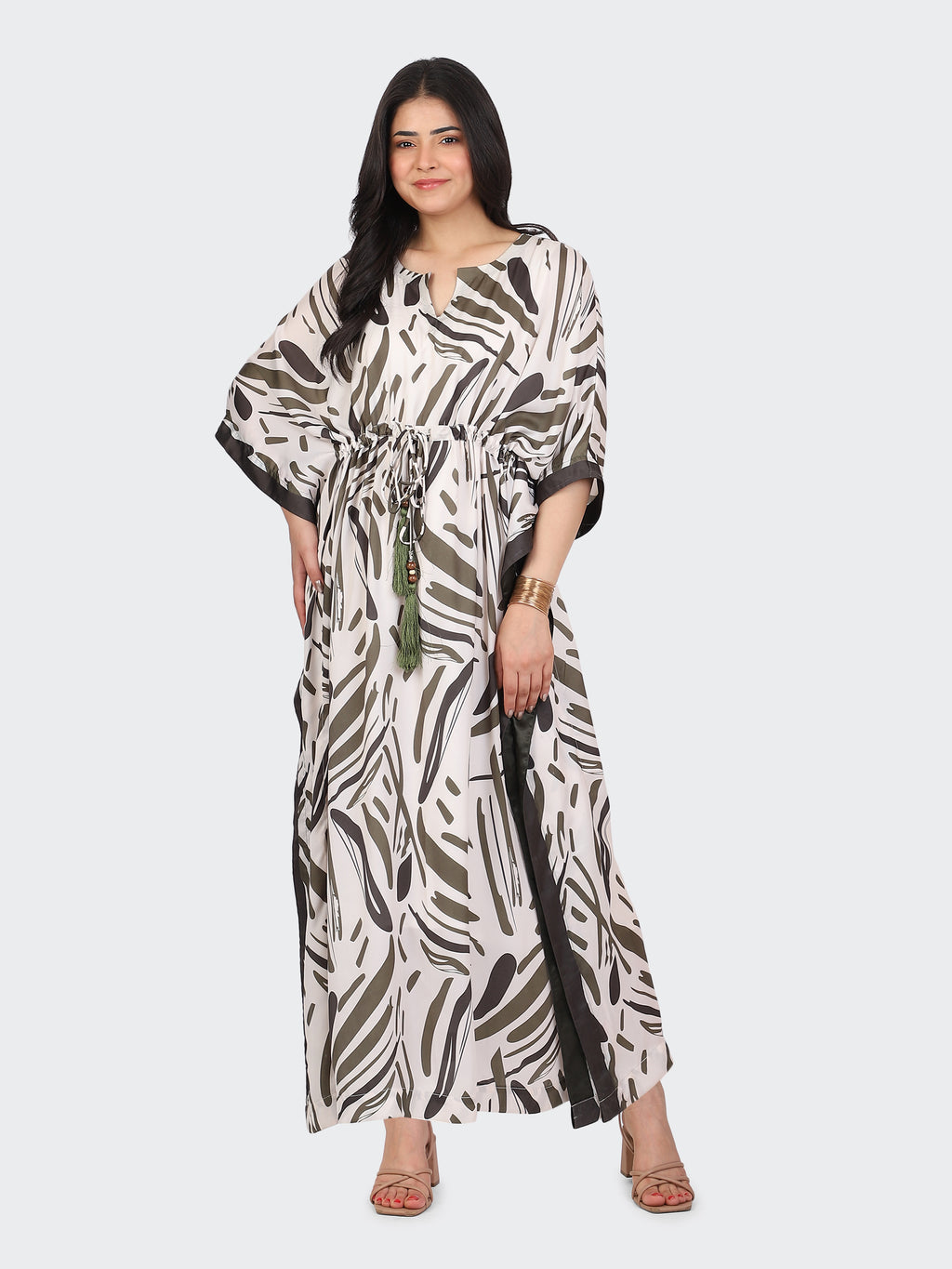 FLOOR-LENGTH KAFTAN DRESS FEATURING STRING AT WAIST AND TASSELS-GREEN