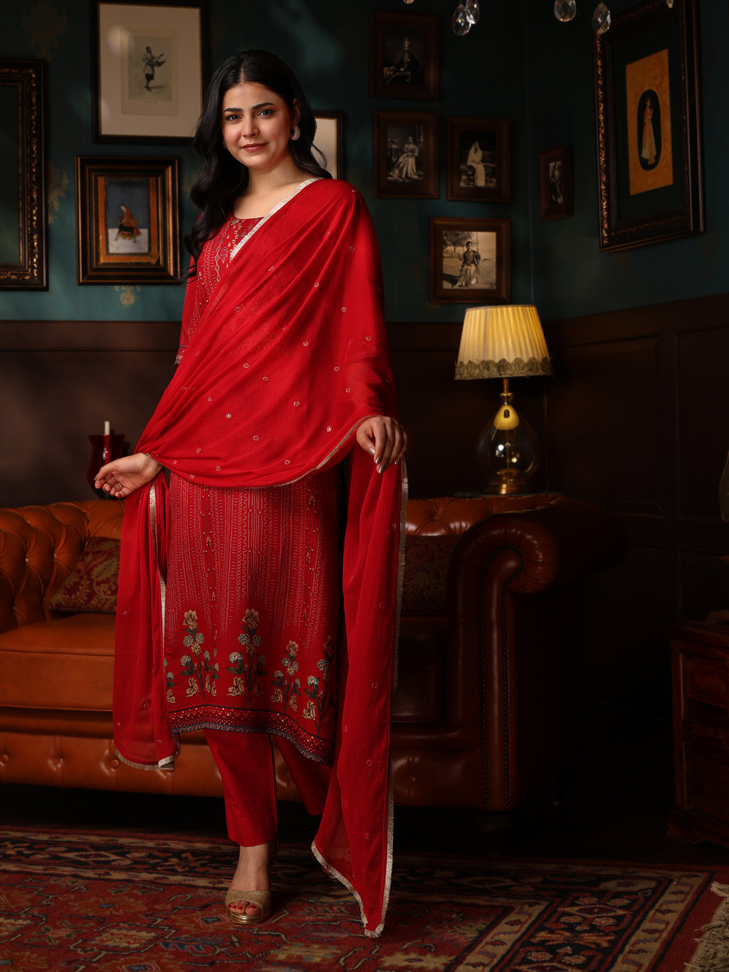 KURTA SET FEATURING HAND-EMBROIDERED FRONT, DUPATTA WITH HAND EMBROIDERY,LACE ALL AROUND-RED