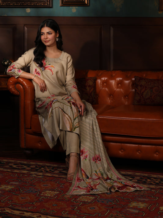 KURTA SET FEATURING HAND-EMBROIDERED FRONT, SLEEVES, AND DUPATTA-BEIGE