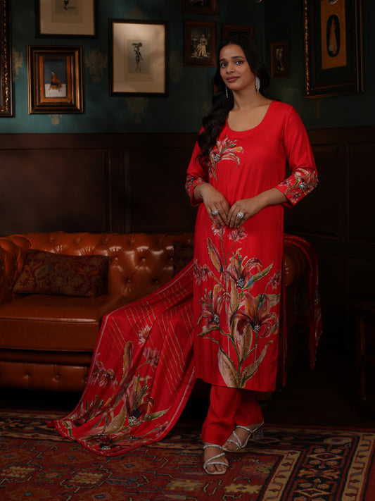 KURTA SET FEATURING HAND-EMBROIDERED FRONT, SLEEVES, AND DUPATTA-RED
