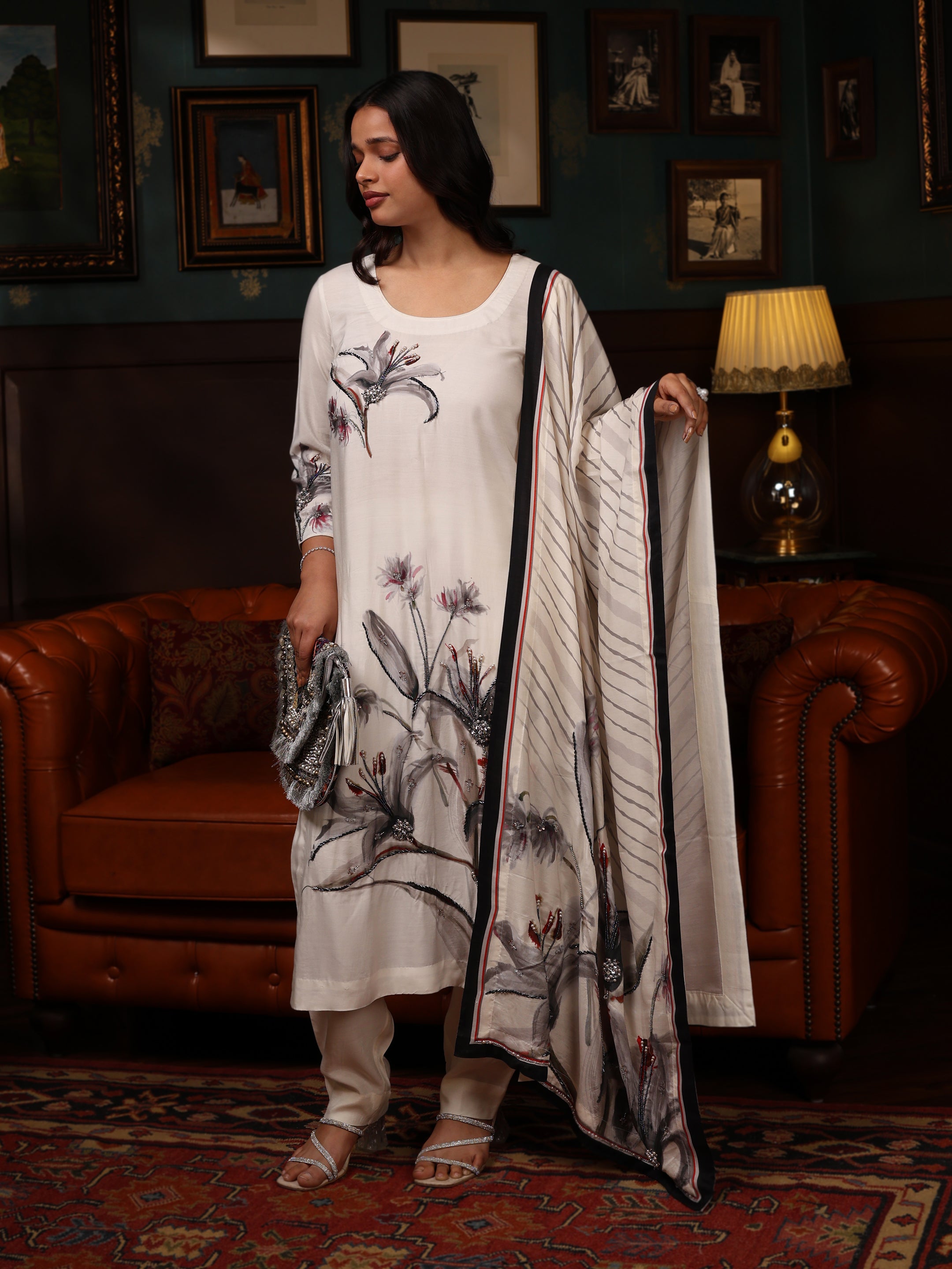 KURTA SET FEATURING HAND-EMBROIDERED FRONT, SLEEVES, AND DUPATTA-WHITE
