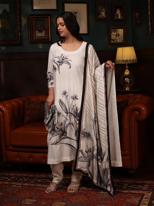 KURTA SET FEATURING HAND-EMBROIDERED FRONT, SLEEVES, AND DUPATTA-WHITE