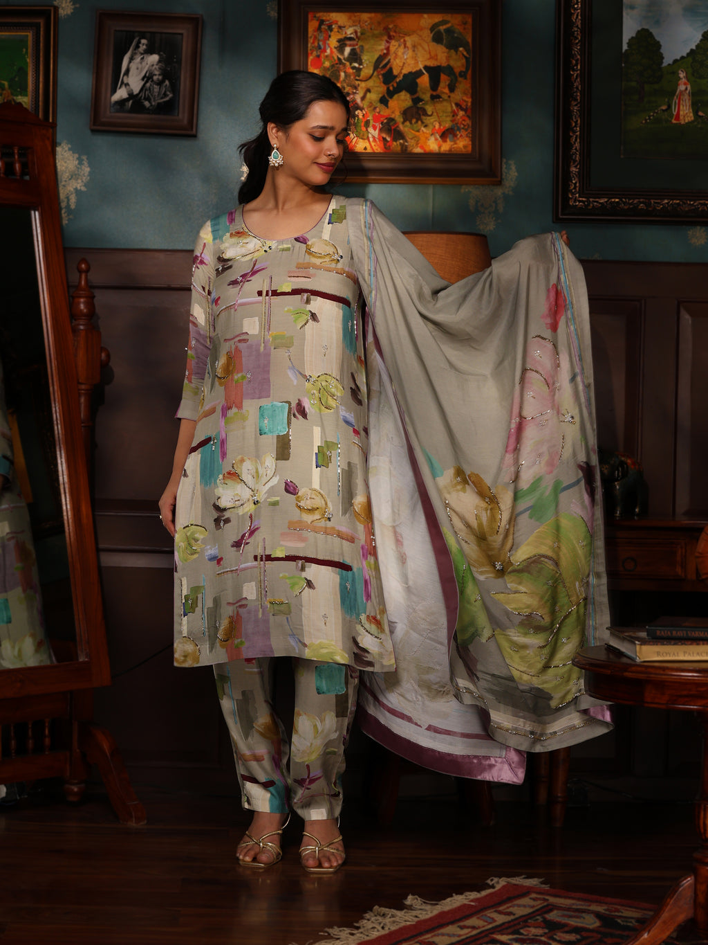 KURTA SET FEATURING HAND-EMBROIDERED FRONT, SLEEVES, AND DUPATTA-BEIGE