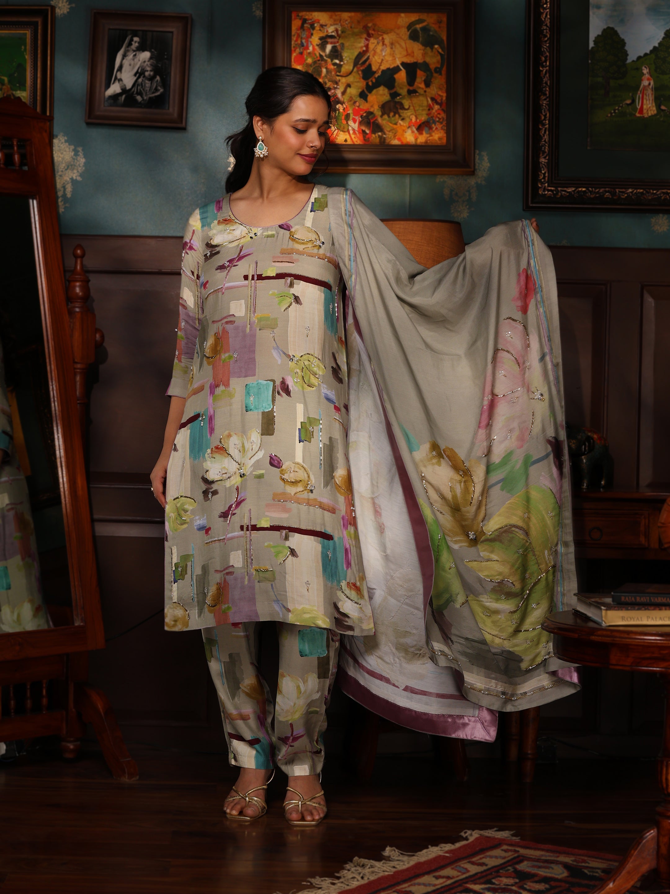 KURTA SET FEATURING HAND-EMBROIDERED FRONT, SLEEVES, AND DUPATTA-BEIGE