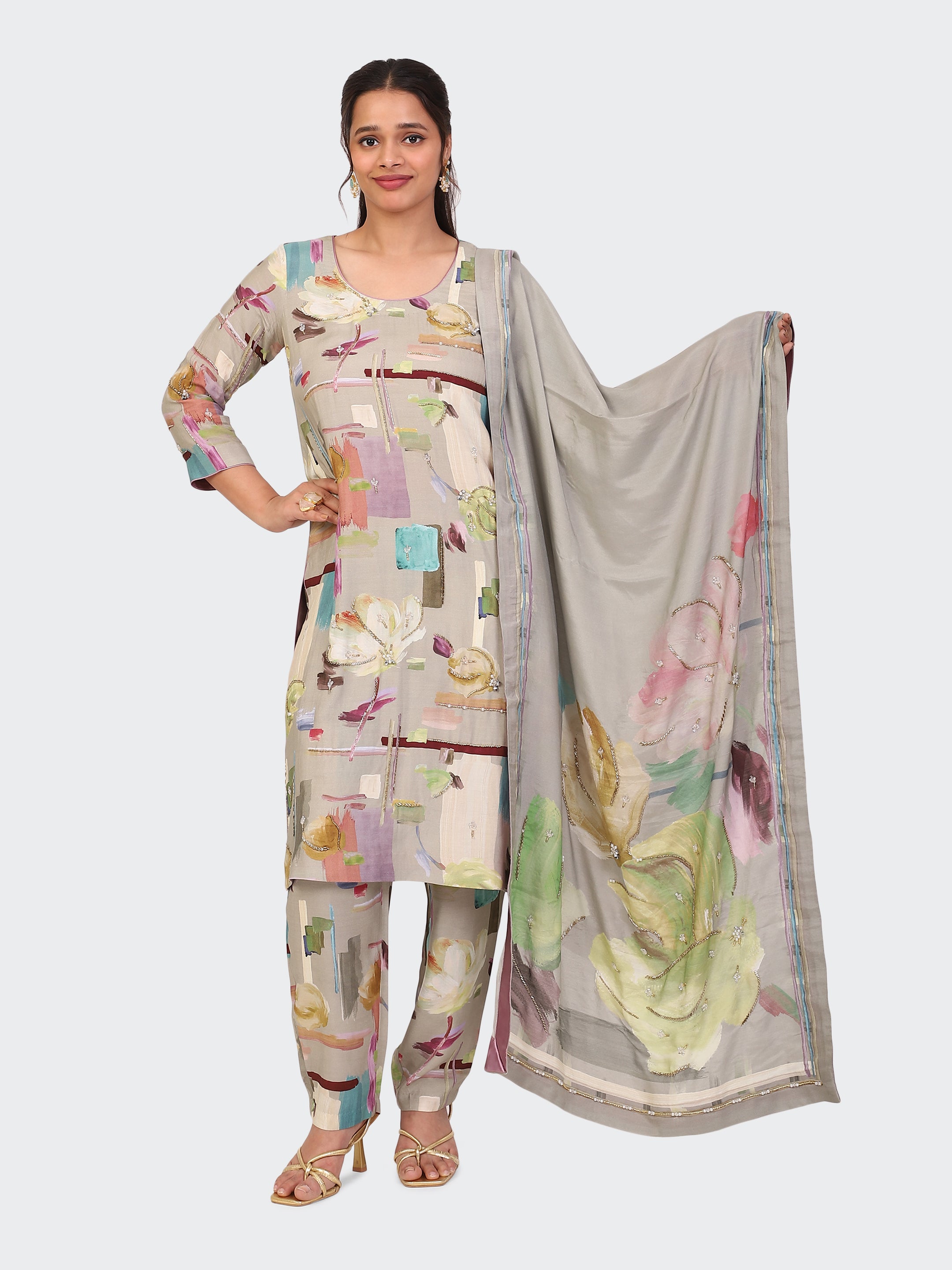 KURTA SET FEATURING HAND-EMBROIDERED FRONT, SLEEVES, AND DUPATTA-BEIGE