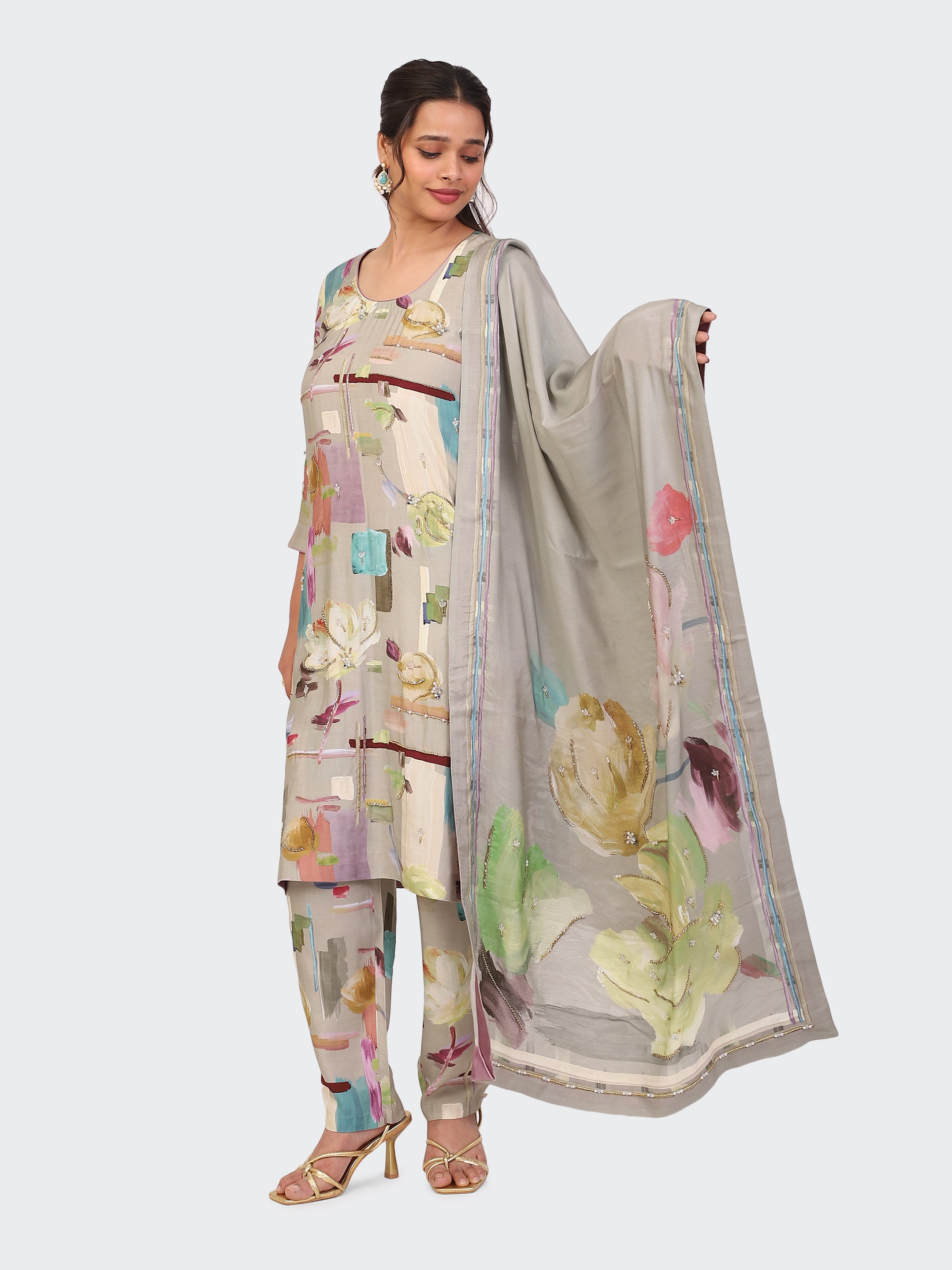 KURTA SET FEATURING HAND-EMBROIDERED FRONT, SLEEVES, AND DUPATTA-BEIGE
