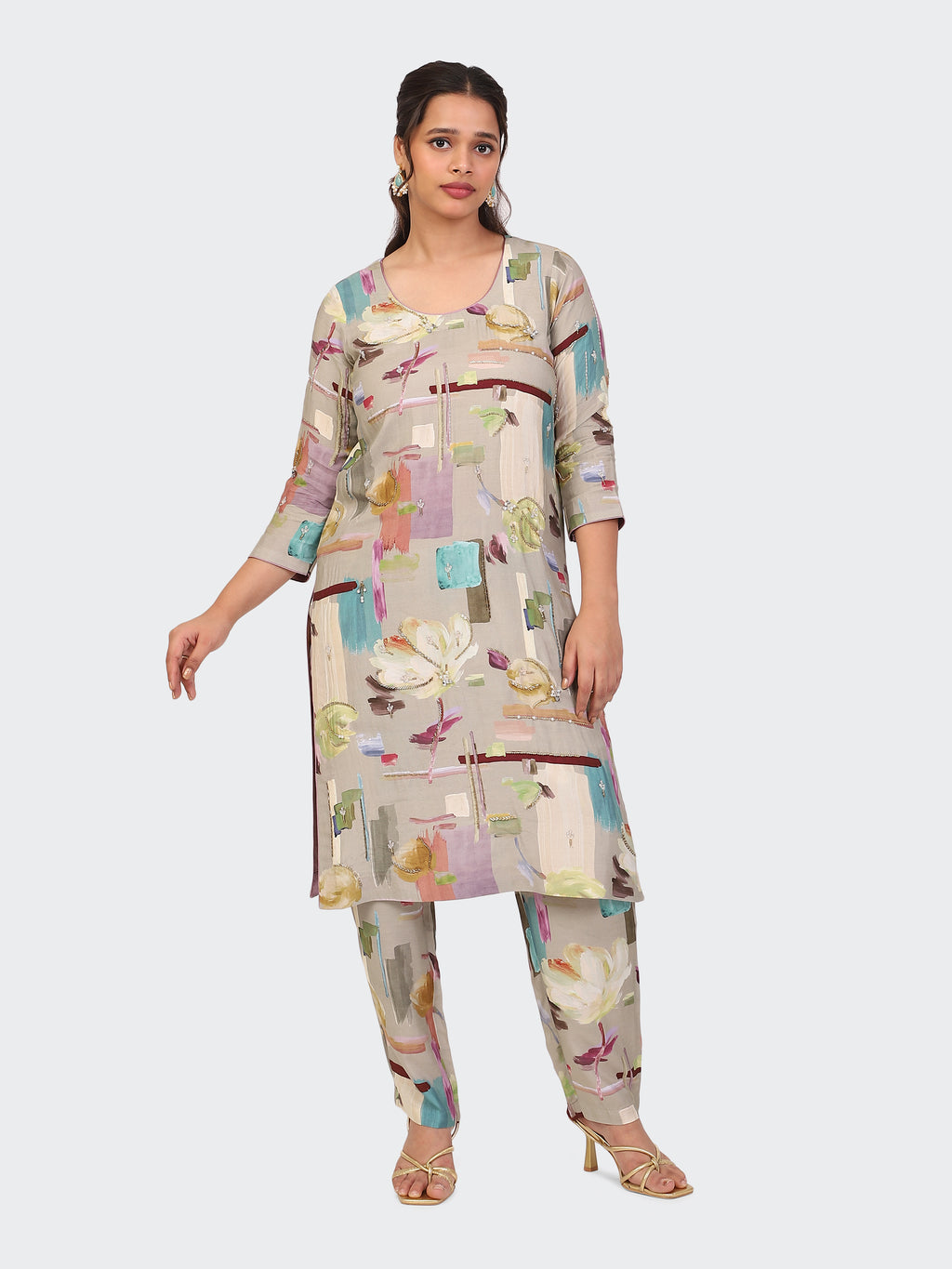 KURTA SET FEATURING HAND-EMBROIDERED FRONT, SLEEVES, AND DUPATTA-BEIGE