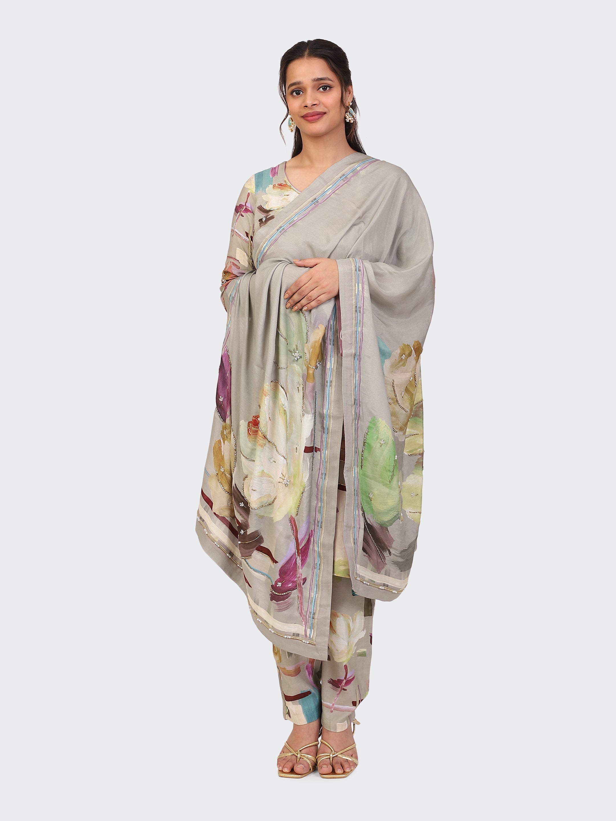 KURTA SET FEATURING HAND-EMBROIDERED FRONT, SLEEVES, AND DUPATTA-BEIGE