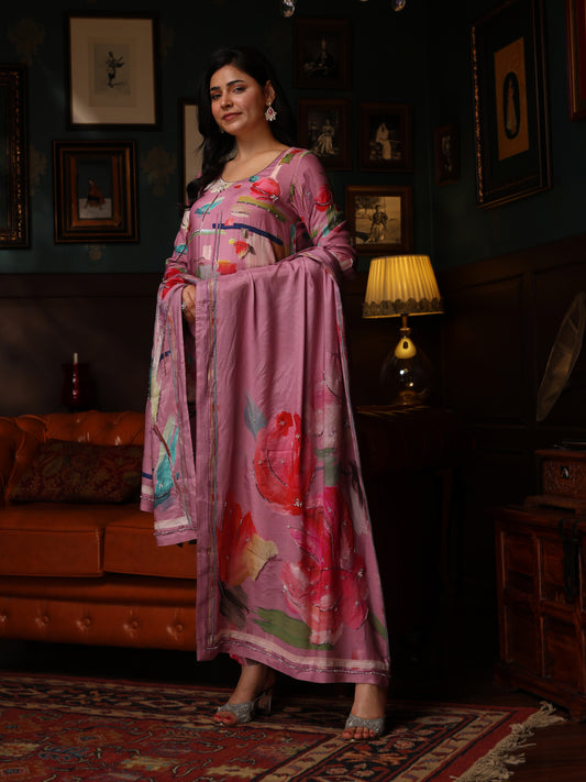 KURTA SET FEATURING HAND-EMBROIDERED FRONT, SLEEVES, AND DUPATTA-PINK