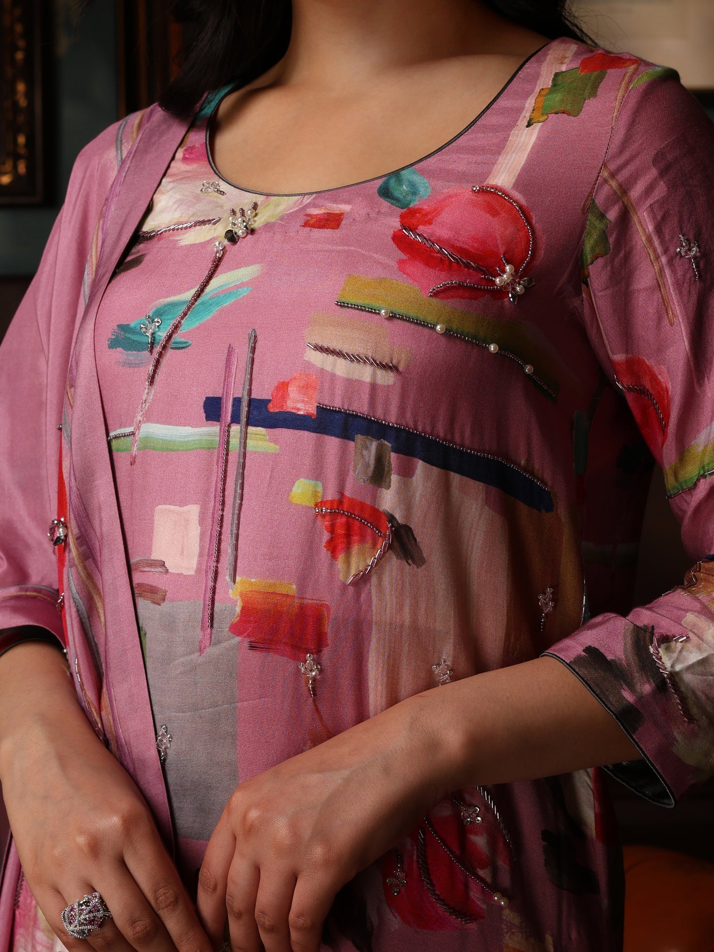 KURTA SET FEATURING HAND-EMBROIDERED FRONT, SLEEVES, AND DUPATTA-PINK