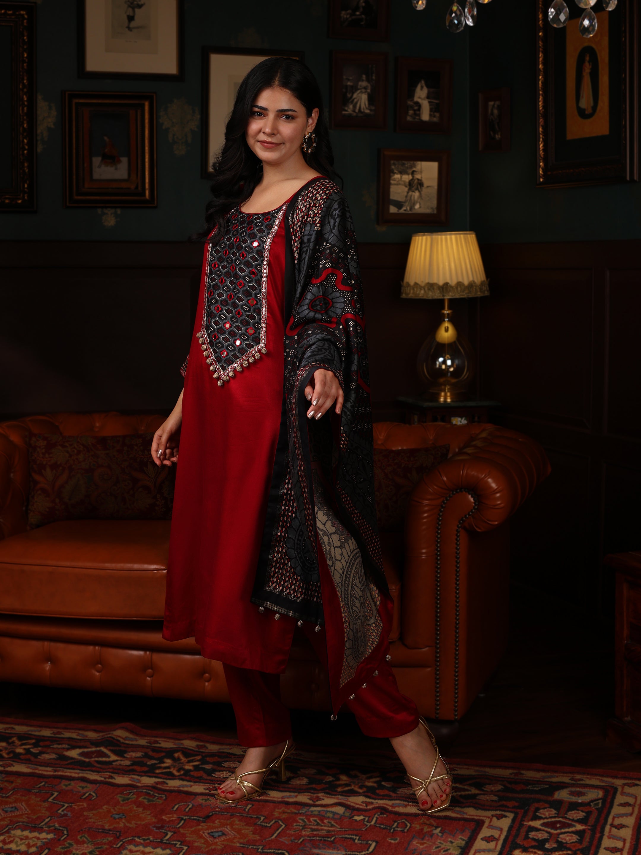 KURTA SET FEATURING HAND-EMBROIDERED FRONT, SLEEVES, AND DUPATTA-MAROON