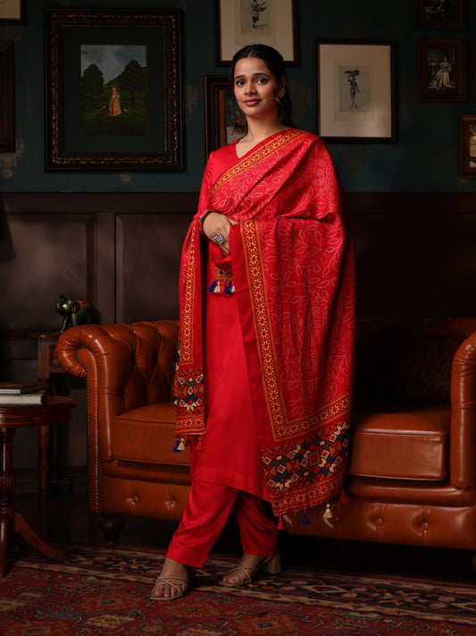 KURTA SET FEATURING HAND-EMBROIDERED FRONT, SLEEVES, AND DUPATTA-RED