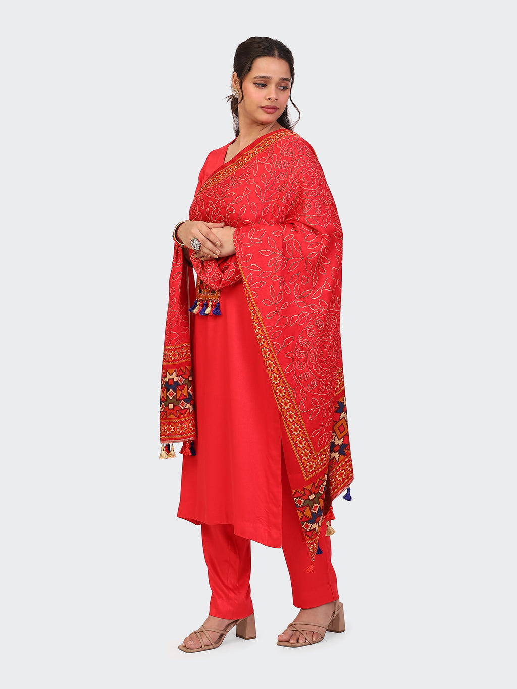 KURTA SET FEATURING HAND-EMBROIDERED FRONT, SLEEVES, AND DUPATTA-RED
