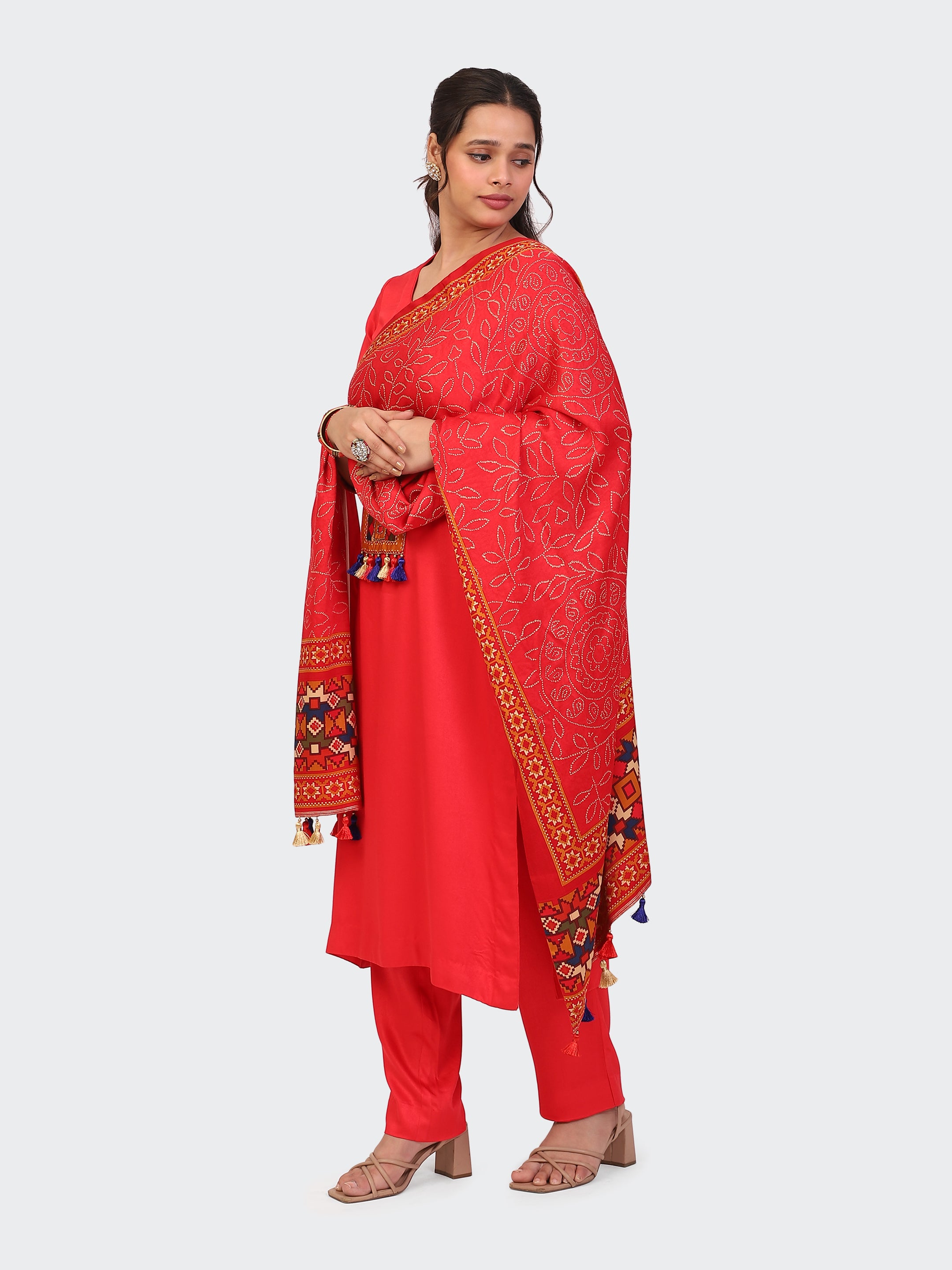 KURTA SET FEATURING HAND-EMBROIDERED FRONT, SLEEVES, AND DUPATTA-RED