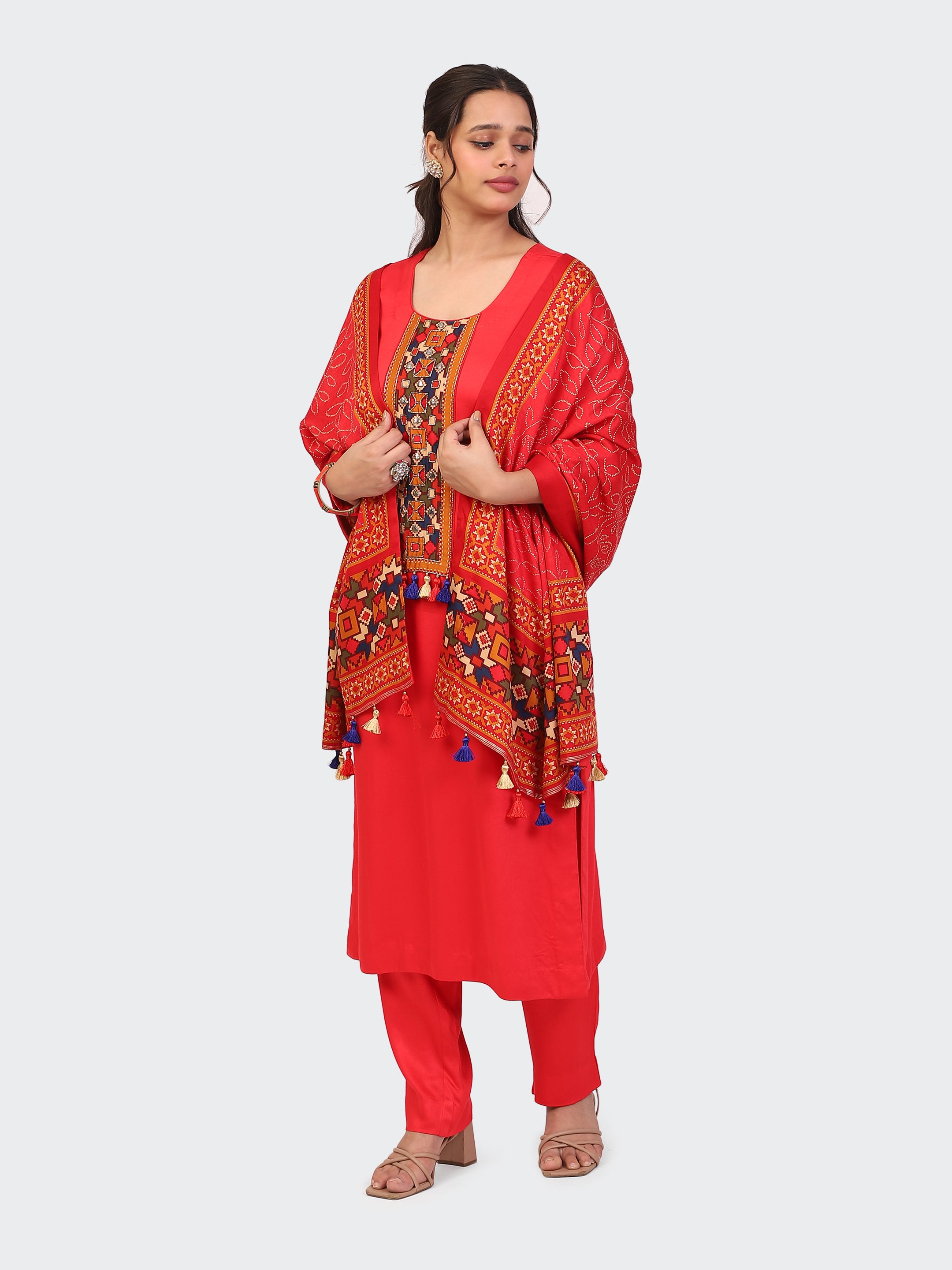 KURTA SET FEATURING HAND-EMBROIDERED FRONT, SLEEVES, AND DUPATTA-RED
