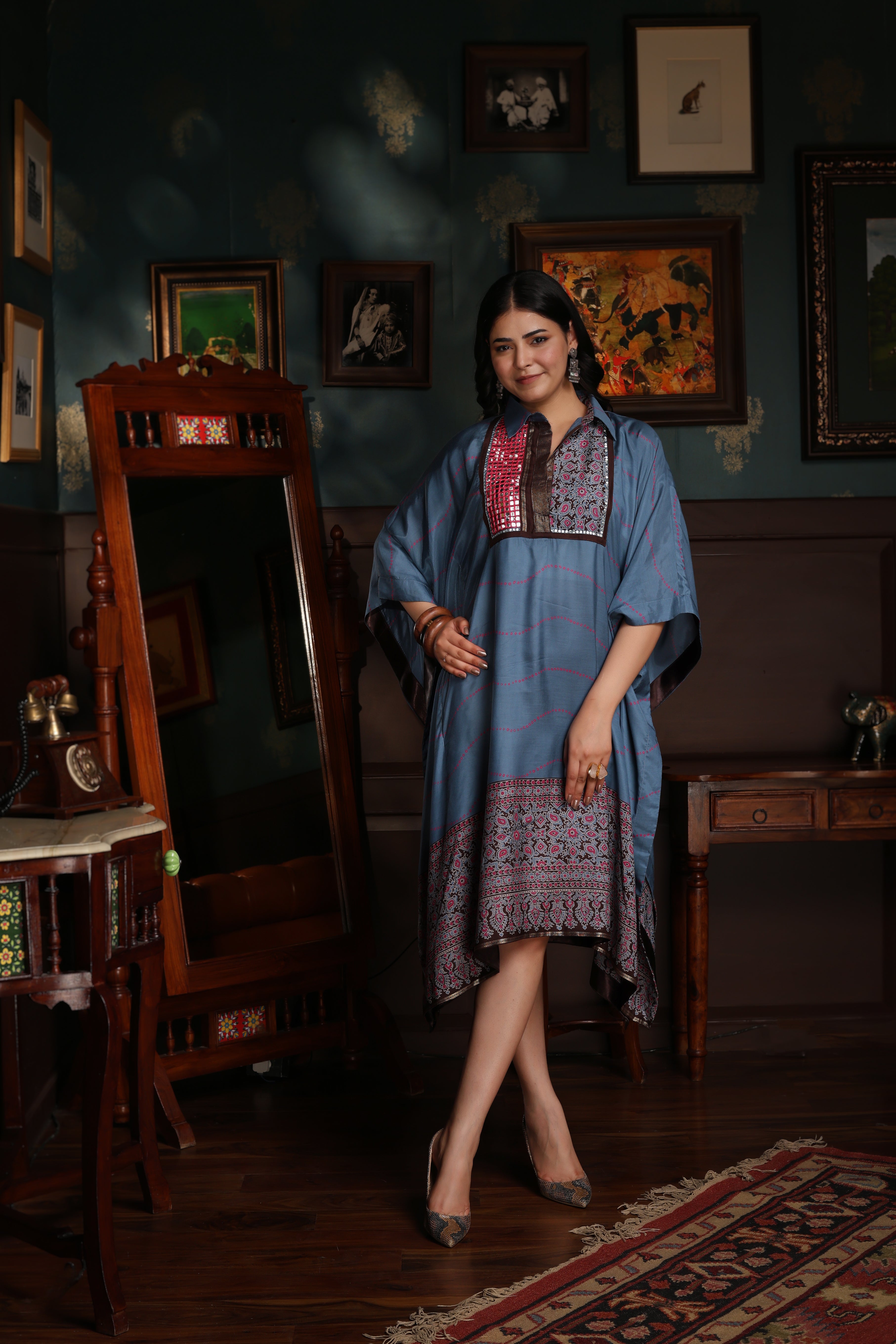 KAFTAN DRESS FEATURING MIRROR WORK EMBROIDERED FRONT-TURQUOISE