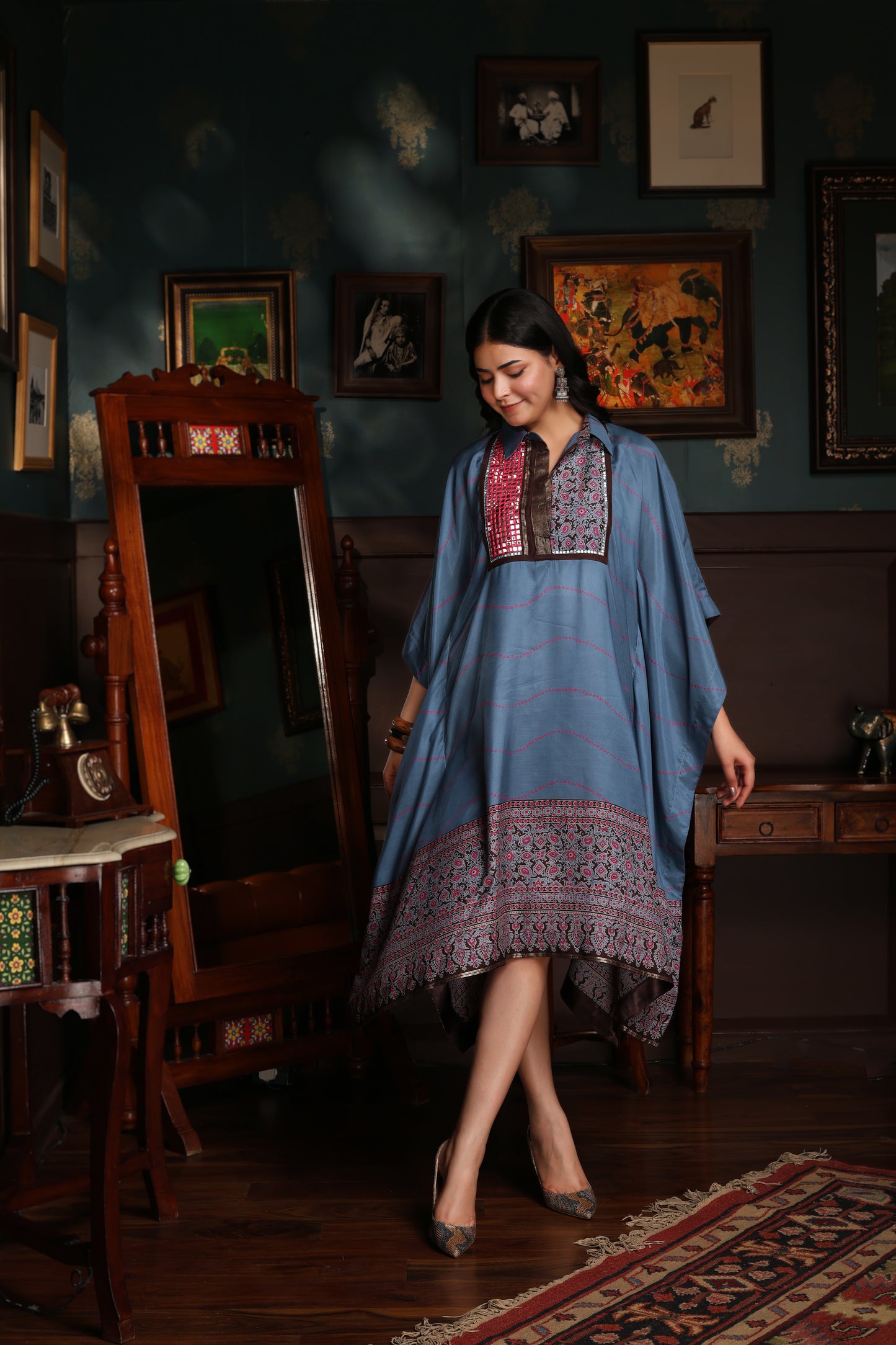 KAFTAN DRESS FEATURING MIRROR WORK EMBROIDERED FRONT-TURQUOISE