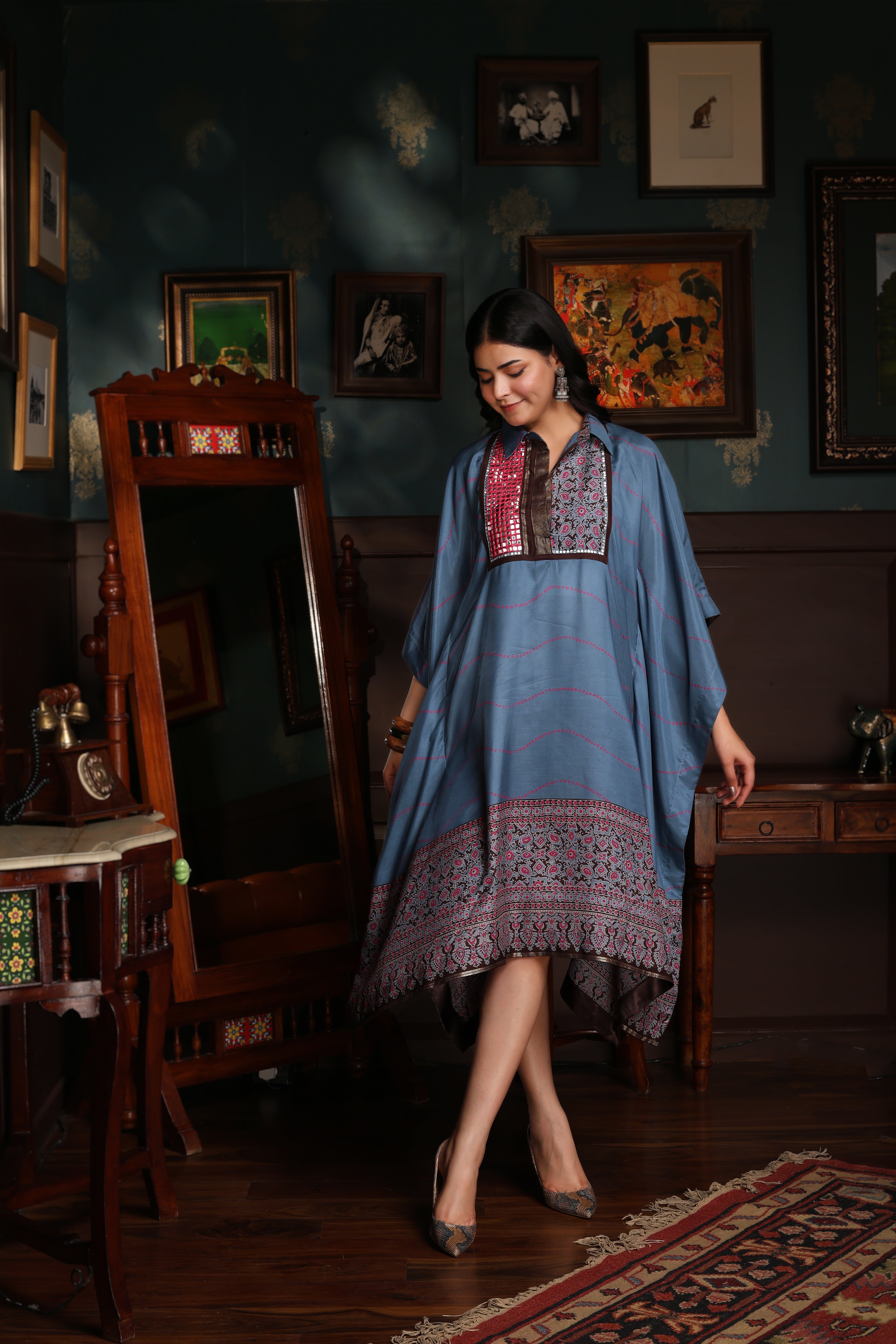 KAFTAN DRESS FEATURING MIRROR WORK EMBROIDERED FRONT-TURQUOISE