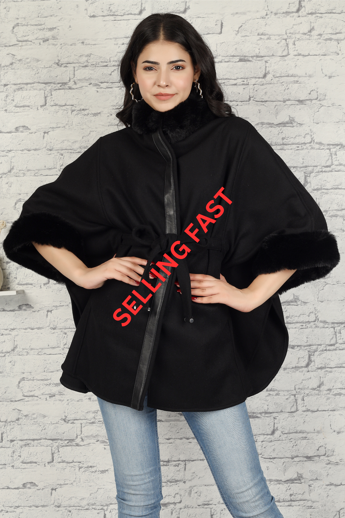 OSE-18 Women's Cape Poncho Black with Genuine Lamb Leather Embellishments