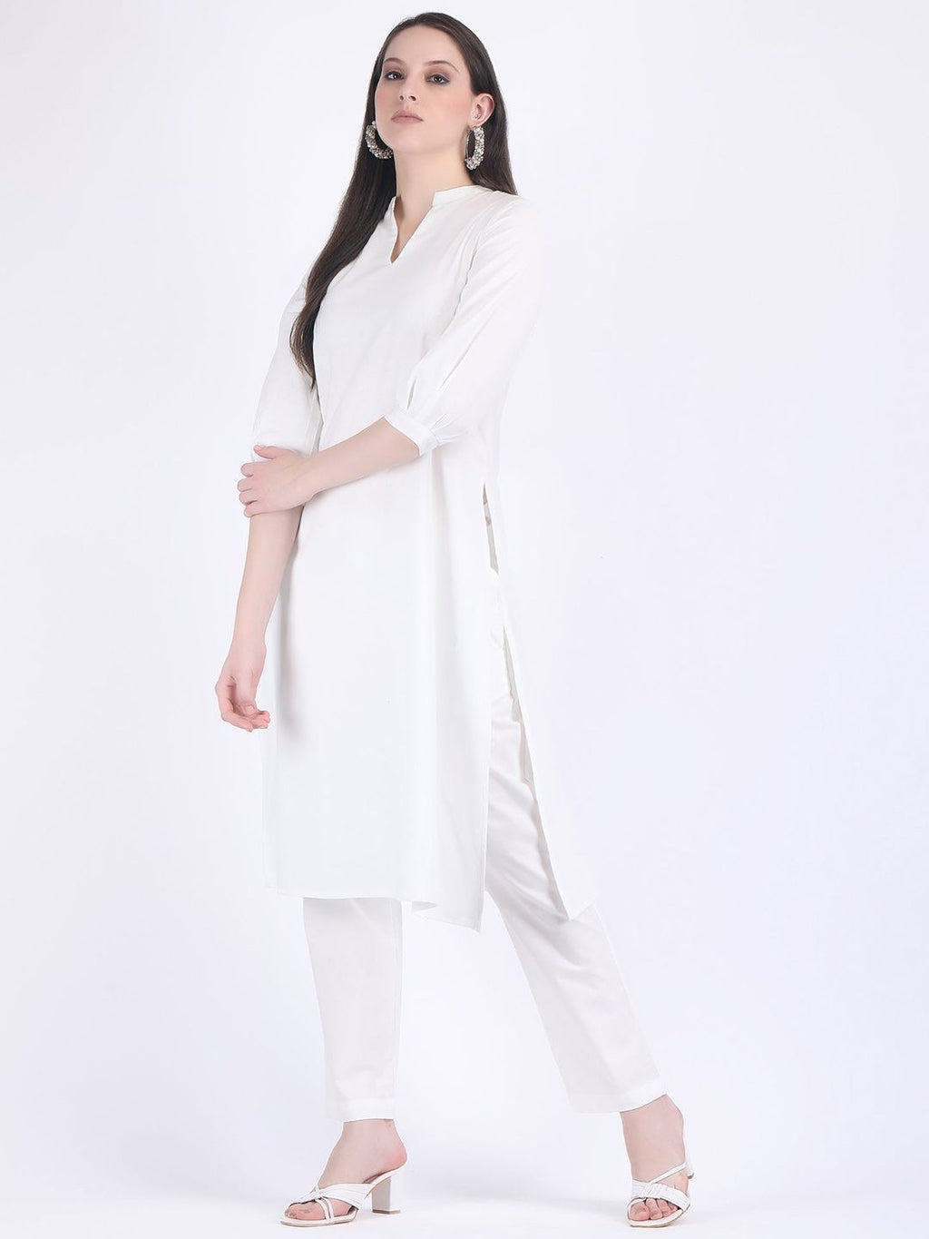 THREE-QUARTER SLEEVES PURE COTTON STRAIGHT KURTA WITH TROUSER