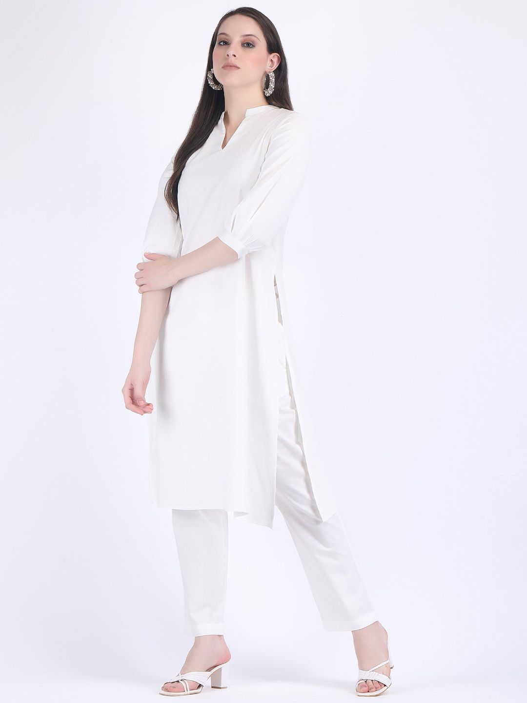 THREE-QUARTER SLEEVES PURE COTTON STRAIGHT KURTA WITH TROUSER