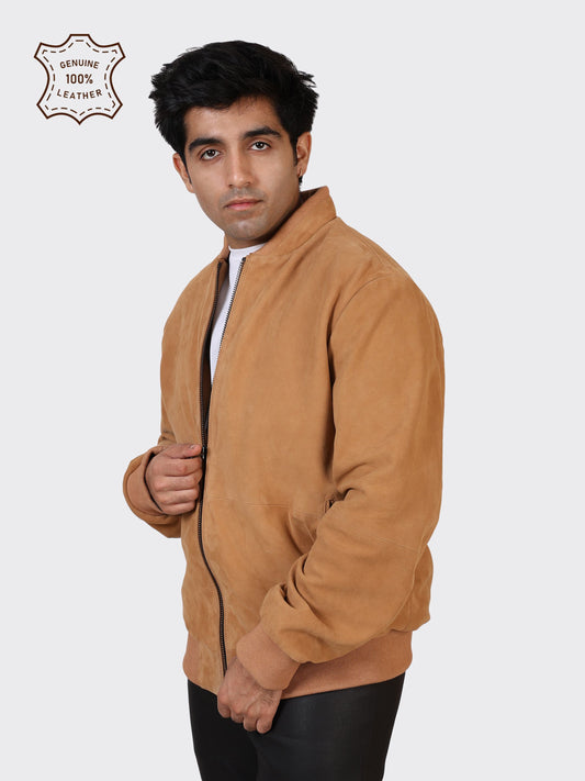 MENS COLLEGE SUEDE LEATHER JACKET-SAND